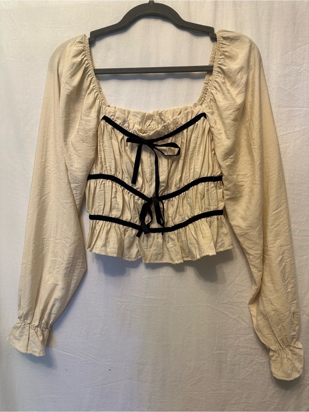 Thirty Thirty Cream Corset Peplum Blouse Black Ribbon Tie Top Size Small